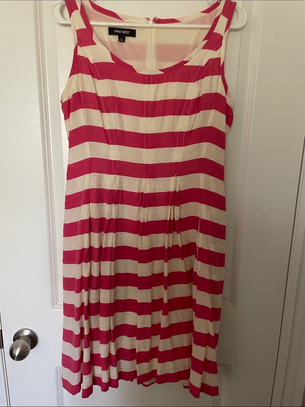 Nine West Hot Pink & Cream Striped Sleeveless Midi Dress